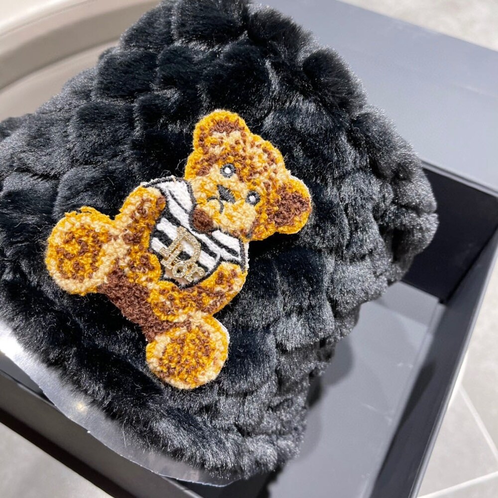 Dior Teddy Bear Embroidered Black Faux Fur Bucket Hat - Picture 2 of 7